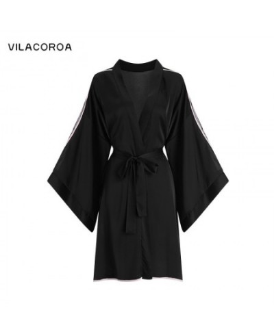 Kimono Spring Satin Cross Bandage Long-Sleeve Women's Bathrobe Lines Split Sexy Slim Black Robe Nightwear Deep V Female Night...