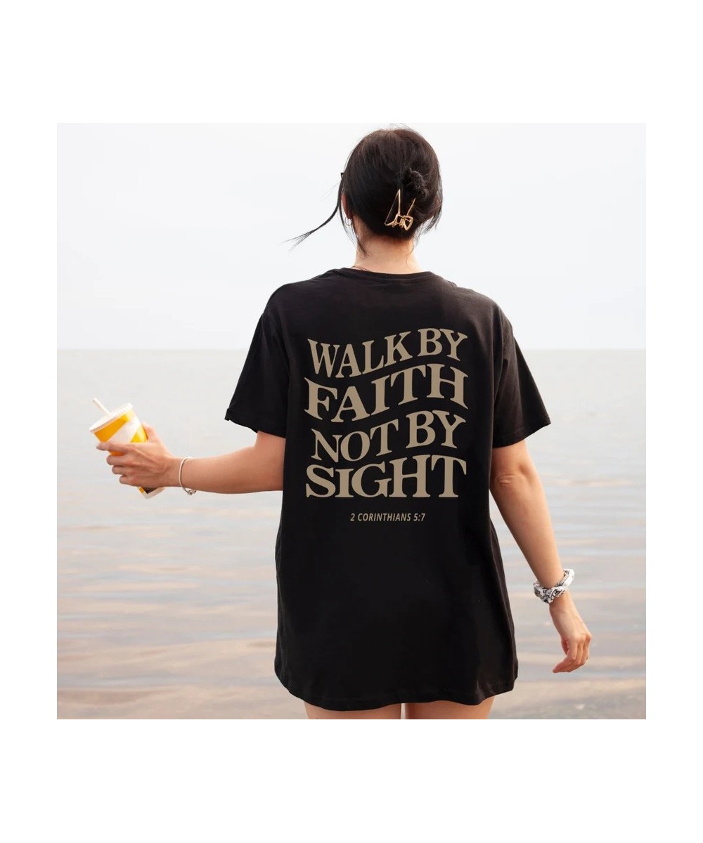 Walk By Faith Not By Sight【back print】Oversized T-Shirt Christian Loose Tee Women Casual 100% cotton Faith Based Aesthetic To...