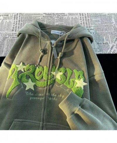 2023 New Fashion Retro Street Corduroy Letter Stars Embroidered Hoodie Female Y2K Couple Loose Zipper Hoodie Casual Jacket To...