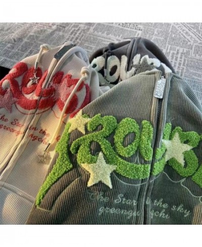 2023 New Fashion Retro Street Corduroy Letter Stars Embroidered Hoodie Female Y2K Couple Loose Zipper Hoodie Casual Jacket To...