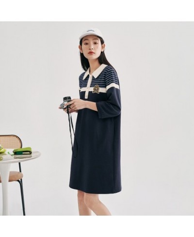 Women Dress 2023 Spring Three Quarter Sleeves Polo Neck H-shape Striped Preppy Style Casual Mid-length T-shirt Skirt $67.31 -...