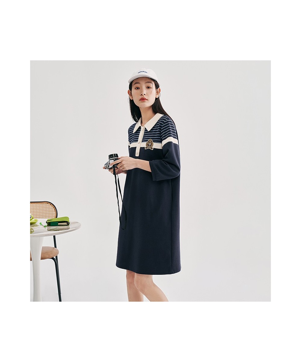 Women Dress 2023 Spring Three Quarter Sleeves Polo Neck H-shape Striped Preppy Style Casual Mid-length T-shirt Skirt $67.31 -...