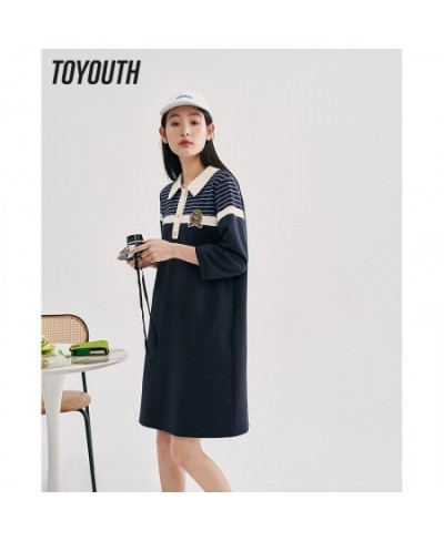 Women Dress 2023 Spring Three Quarter Sleeves Polo Neck H-shape Striped Preppy Style Casual Mid-length T-shirt Skirt $67.31 -...