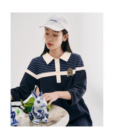 Women Dress 2023 Spring Three Quarter Sleeves Polo Neck H-shape Striped Preppy Style Casual Mid-length T-shirt Skirt $67.31 -...