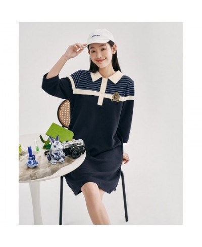 Women Dress 2023 Spring Three Quarter Sleeves Polo Neck H-shape Striped Preppy Style Casual Mid-length T-shirt Skirt $67.31 -...