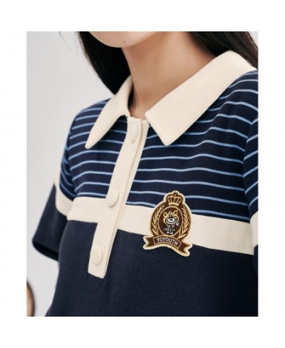 Women Dress 2023 Spring Three Quarter Sleeves Polo Neck H-shape Striped Preppy Style Casual Mid-length T-shirt Skirt $67.31 -...