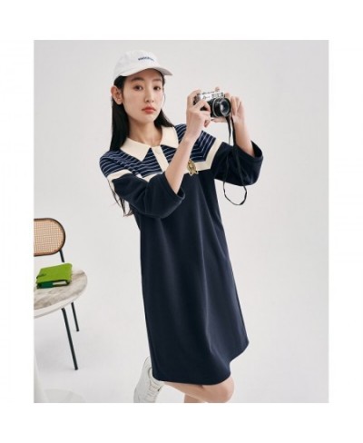 Women Dress 2023 Spring Three Quarter Sleeves Polo Neck H-shape Striped Preppy Style Casual Mid-length T-shirt Skirt $67.31 -...