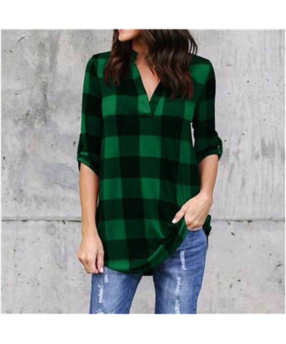 Slim Women's Pullover Plaid Shirts Plus Size 5XL Casual V Neck Blouse Cuffed Long Sleeve Camisas Tops Tunic Shirt $24.27 - Wo...