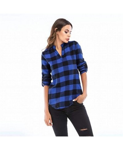 Slim Women's Pullover Plaid Shirts Plus Size 5XL Casual V Neck Blouse Cuffed Long Sleeve Camisas Tops Tunic Shirt $24.27 - Wo...