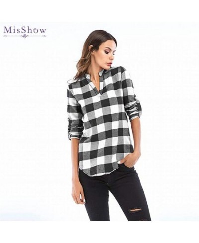 Slim Women's Pullover Plaid Shirts Plus Size 5XL Casual V Neck Blouse Cuffed Long Sleeve Camisas Tops Tunic Shirt $24.27 - Wo...