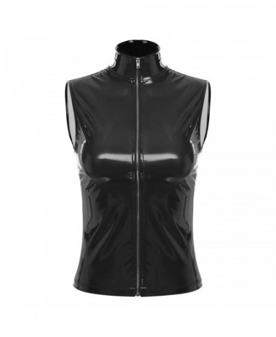 New Sexy Womens Zipper Jacket Wet Look Patent Leather Stand Collar Sleeveless Cami Vest Tank Tops Female Fashion Party Clubwe...