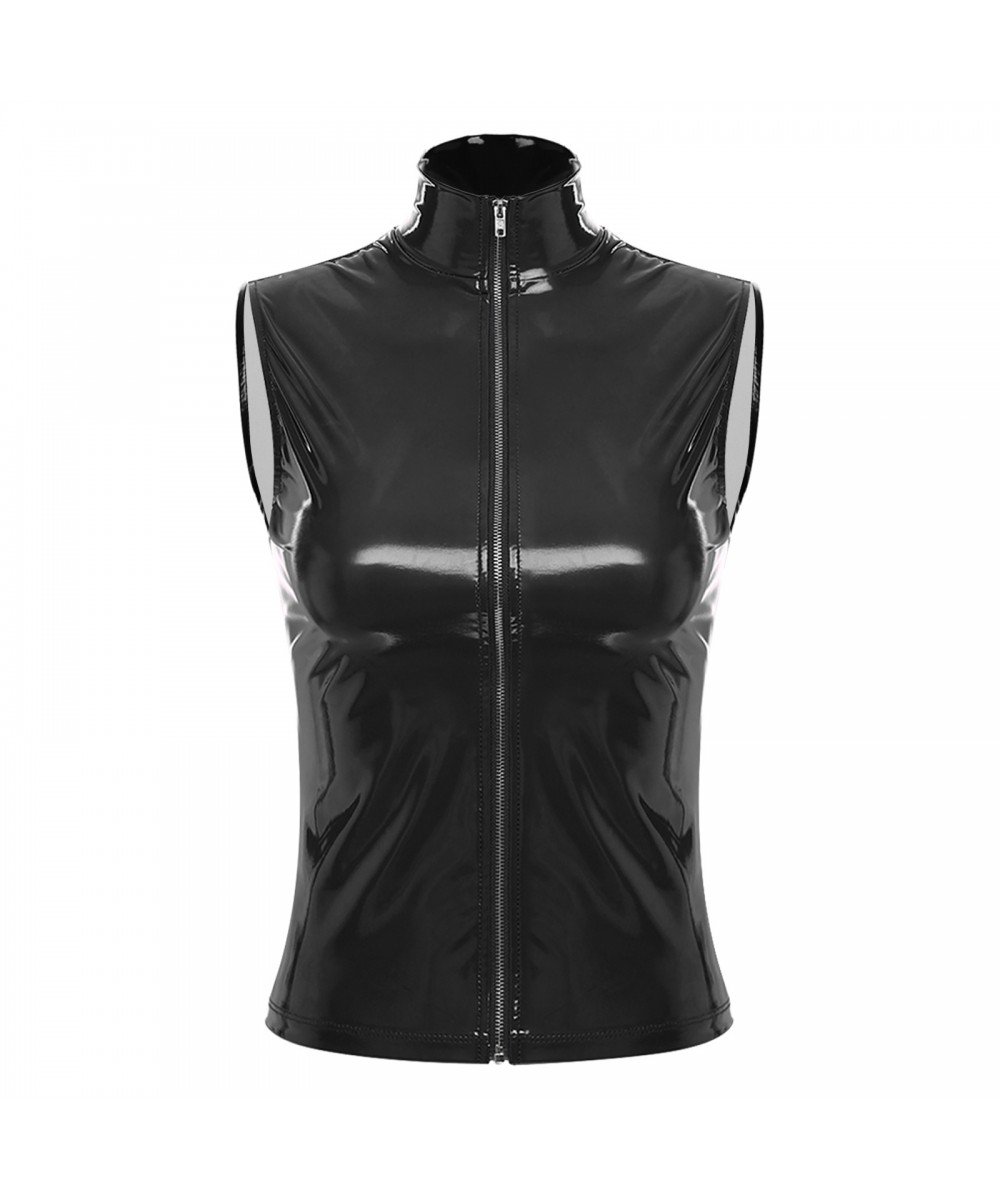 New Sexy Womens Zipper Jacket Wet Look Patent Leather Stand Collar Sleeveless Cami Vest Tank Tops Female Fashion Party Clubwe...