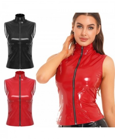 New Sexy Womens Zipper Jacket Wet Look Patent Leather Stand Collar Sleeveless Cami Vest Tank Tops Female Fashion Party Clubwe...