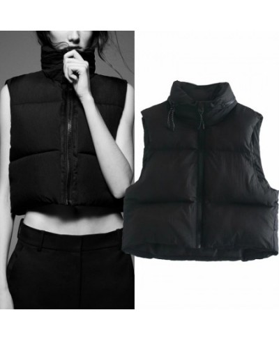 2023 Winter Black Cropped Vest Coat Women Fashion Keep Warm Sleeveless High Collar Zip Up Wasitcoats Woman Casual Vest Top $4...