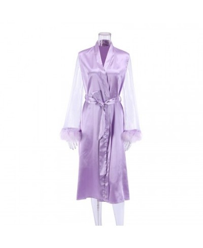 2022 Summer New Pajamas Fashion Feather Stitching Mesh Purple Nightgown Ladies Home Wear Robes for Women $35.64 - Sleepwears