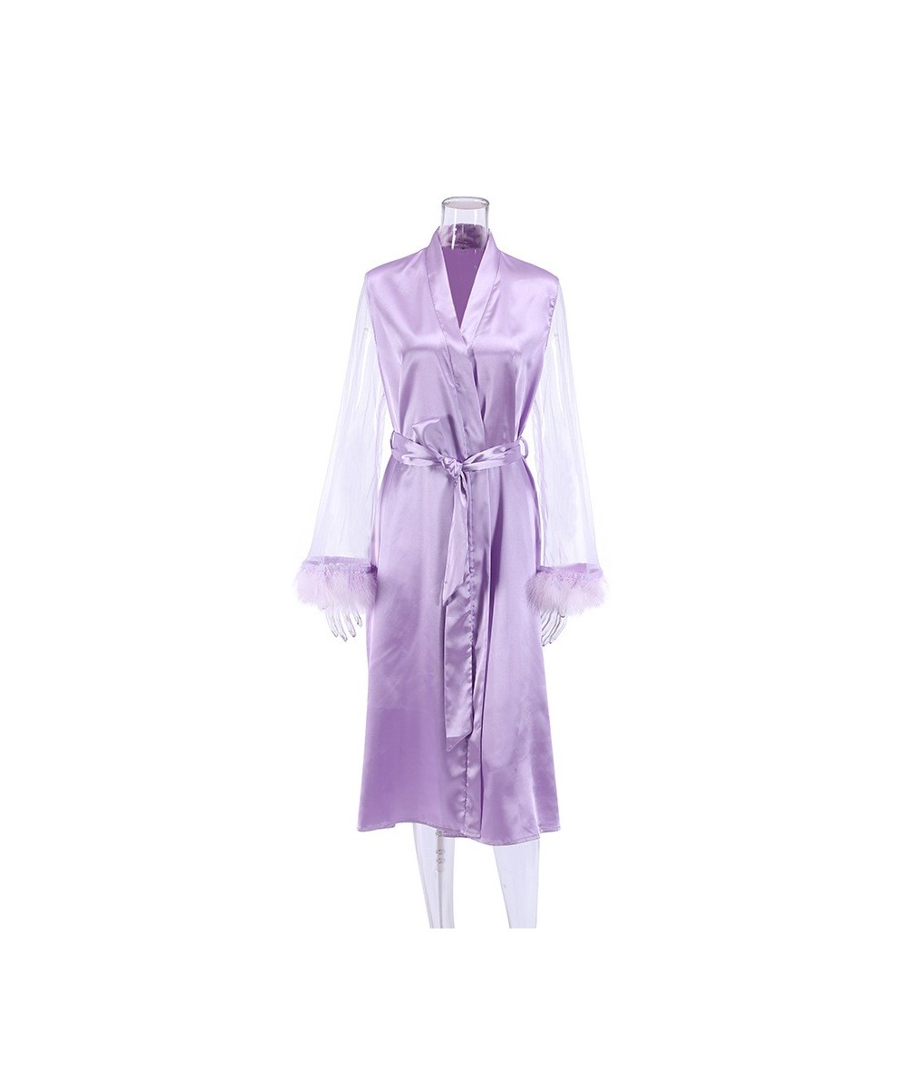 2022 Summer New Pajamas Fashion Feather Stitching Mesh Purple Nightgown Ladies Home Wear Robes for Women $35.64 - Sleepwears