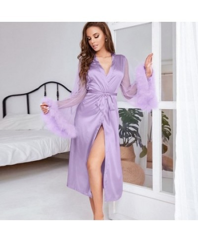 2022 Summer New Pajamas Fashion Feather Stitching Mesh Purple Nightgown Ladies Home Wear Robes for Women $35.64 - Sleepwears