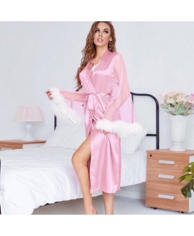 2022 Summer New Pajamas Fashion Feather Stitching Mesh Purple Nightgown Ladies Home Wear Robes for Women $35.64 - Sleepwears