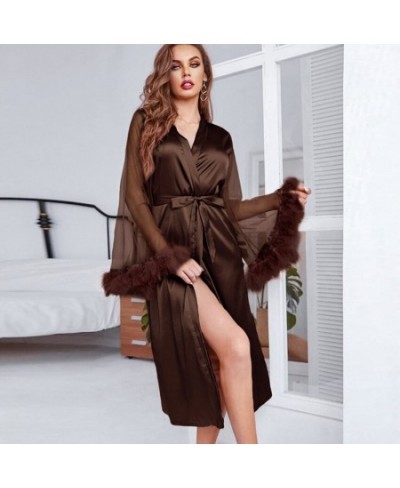 2022 Summer New Pajamas Fashion Feather Stitching Mesh Purple Nightgown Ladies Home Wear Robes for Women $35.64 - Sleepwears