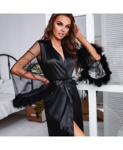 2022 Summer New Pajamas Fashion Feather Stitching Mesh Purple Nightgown Ladies Home Wear Robes for Women $35.64 - Sleepwears