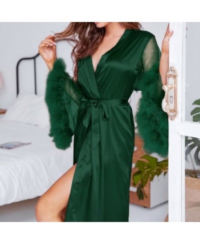 2022 Summer New Pajamas Fashion Feather Stitching Mesh Purple Nightgown Ladies Home Wear Robes for Women $35.64 - Sleepwears