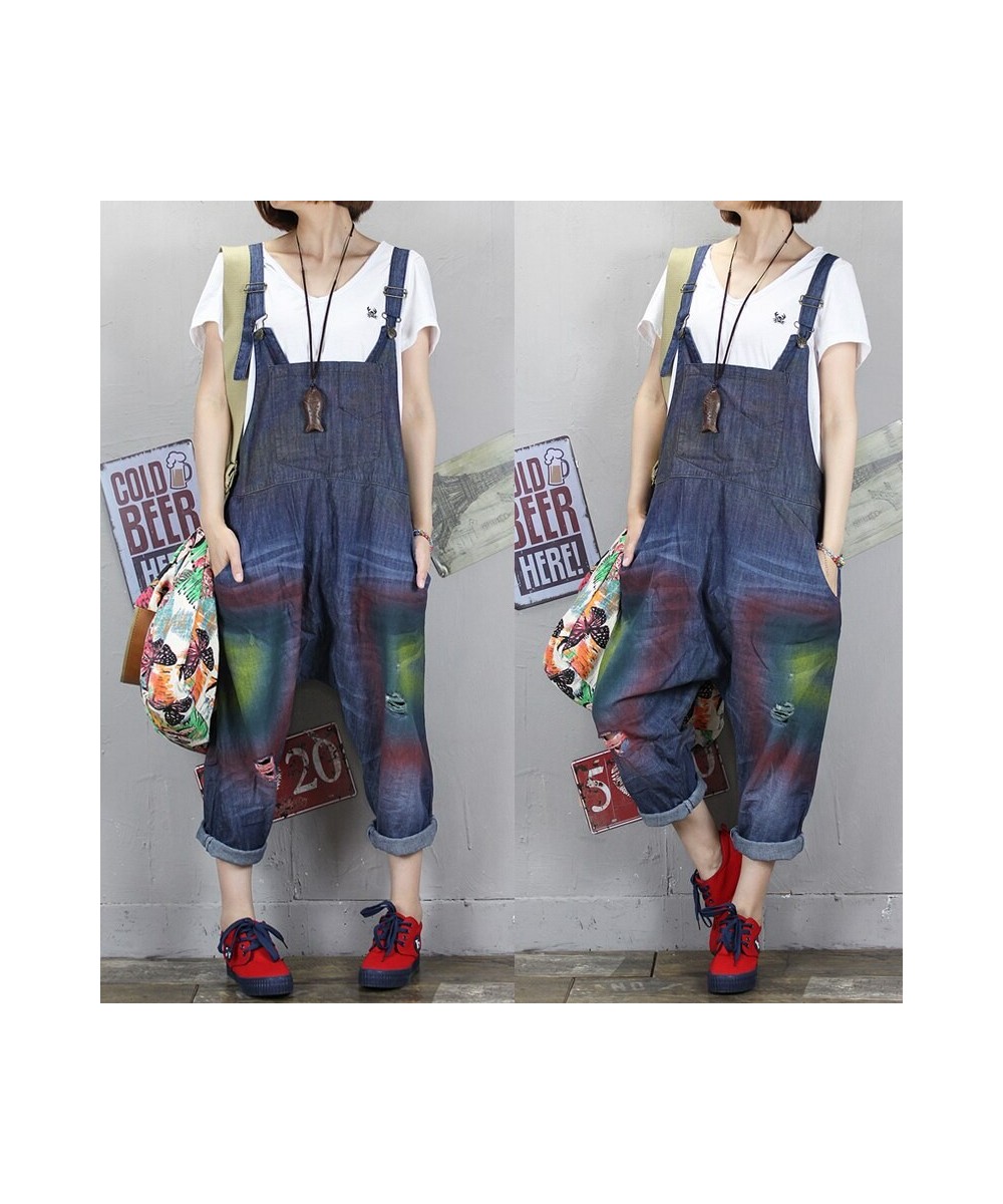 2023 New Summer Personalized Loose Bib Pants With Hole Print Denim Jumpsuit Long Trousers Harem Pants Casual Pant $81.73 - Ju...