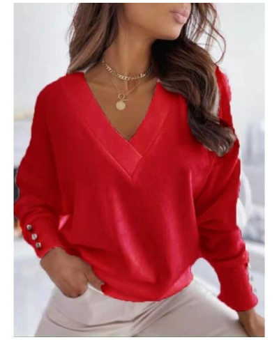 2023 Work Wear Women Blouses Long Sleeve Back Metal Buttons Shirt Casual V Neck Printed Plus Size Tops Fall Blouse $33.87 - B...