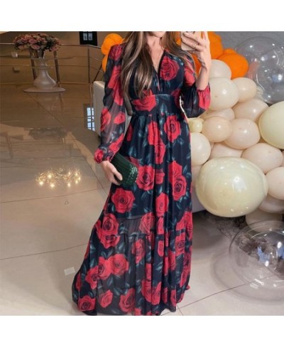 Women Maxi Dress Autumn Elegant Fashion Long Sleeve Rose Print V Neck Nipped Waist Chiffon With Lining Dress $44.60 - Dresses