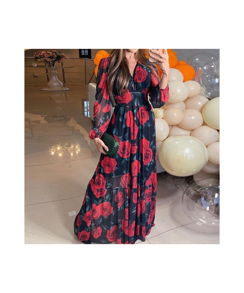 Women Maxi Dress Autumn Elegant Fashion Long Sleeve Rose Print V Neck Nipped Waist Chiffon With Lining Dress $44.60 - Dresses