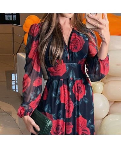 Women Maxi Dress Autumn Elegant Fashion Long Sleeve Rose Print V Neck Nipped Waist Chiffon With Lining Dress $44.60 - Dresses