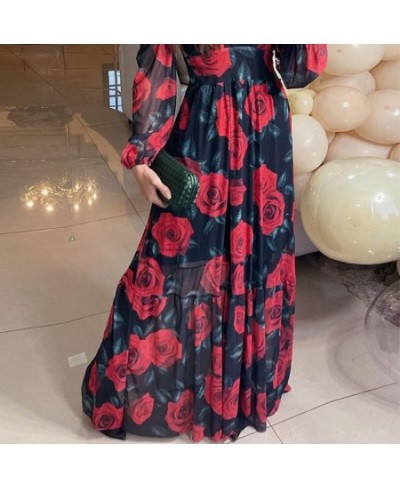 Women Maxi Dress Autumn Elegant Fashion Long Sleeve Rose Print V Neck Nipped Waist Chiffon With Lining Dress $44.60 - Dresses