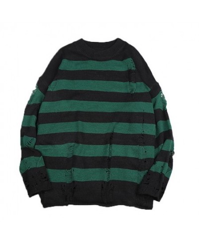 Gothic Sweater Women Unisex Knitted Pullovers Punk Hollow Out Hole Broken Jumper Ladies Oversized Striped Sweaters Loose Tops...