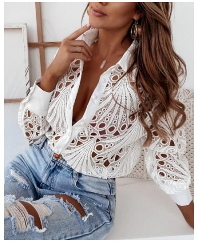 Shirt For Women 2022 Sexy Fashion Eyelet Embroidery Long Sleeve Turn-down Collar Button Down Cotton Shirt $40.88 - Tops & Tees