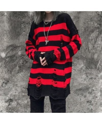 Gothic Sweater Women Unisex Knitted Pullovers Punk Hollow Out Hole Broken Jumper Ladies Oversized Striped Sweaters Loose Tops...