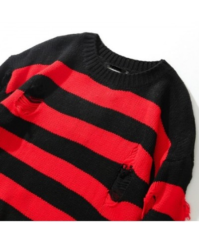 Gothic Sweater Women Unisex Knitted Pullovers Punk Hollow Out Hole Broken Jumper Ladies Oversized Striped Sweaters Loose Tops...