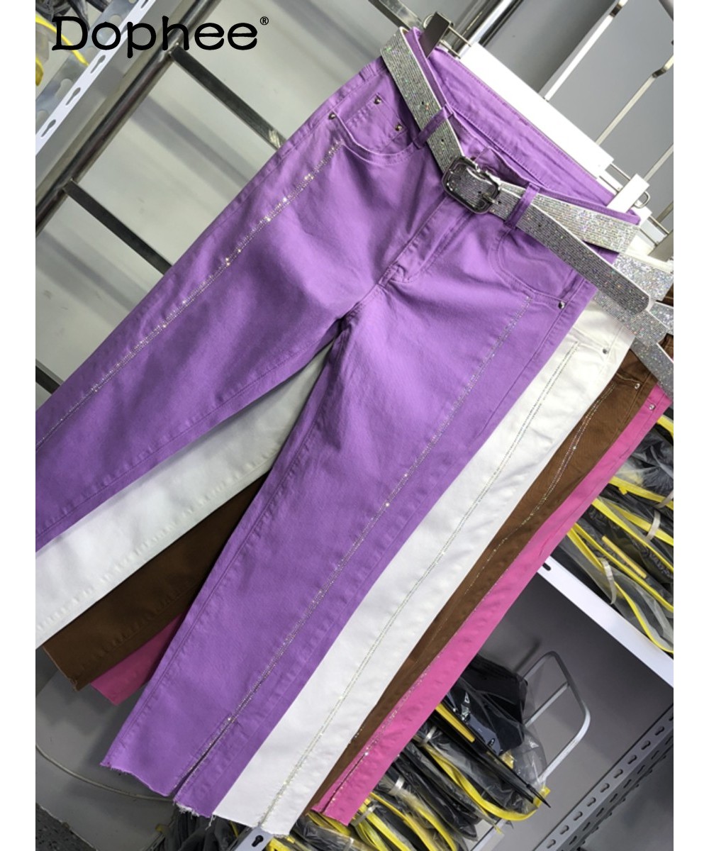 Colorful Rhinestone Split Purple Cropped Denim Pants Women 2022 Summer New Stretch High Waist Slimming Jeans Female High Stre...