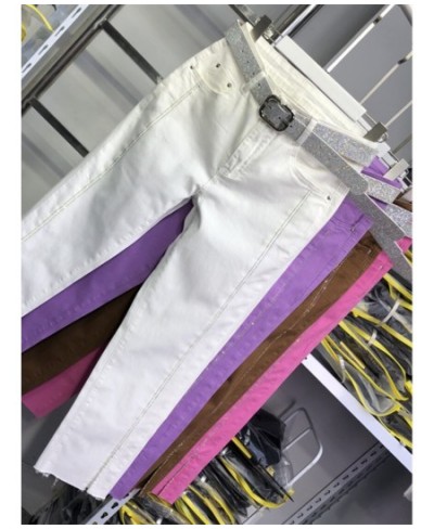 Colorful Rhinestone Split Purple Cropped Denim Pants Women 2022 Summer New Stretch High Waist Slimming Jeans Female High Stre...