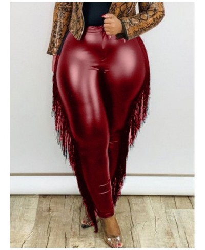 Plus Size Women Pants PU Leather Fringed Trousers 2022 Fall Female Elegant Pants Lady Casual Designer Tassel Trousers Wholesa...