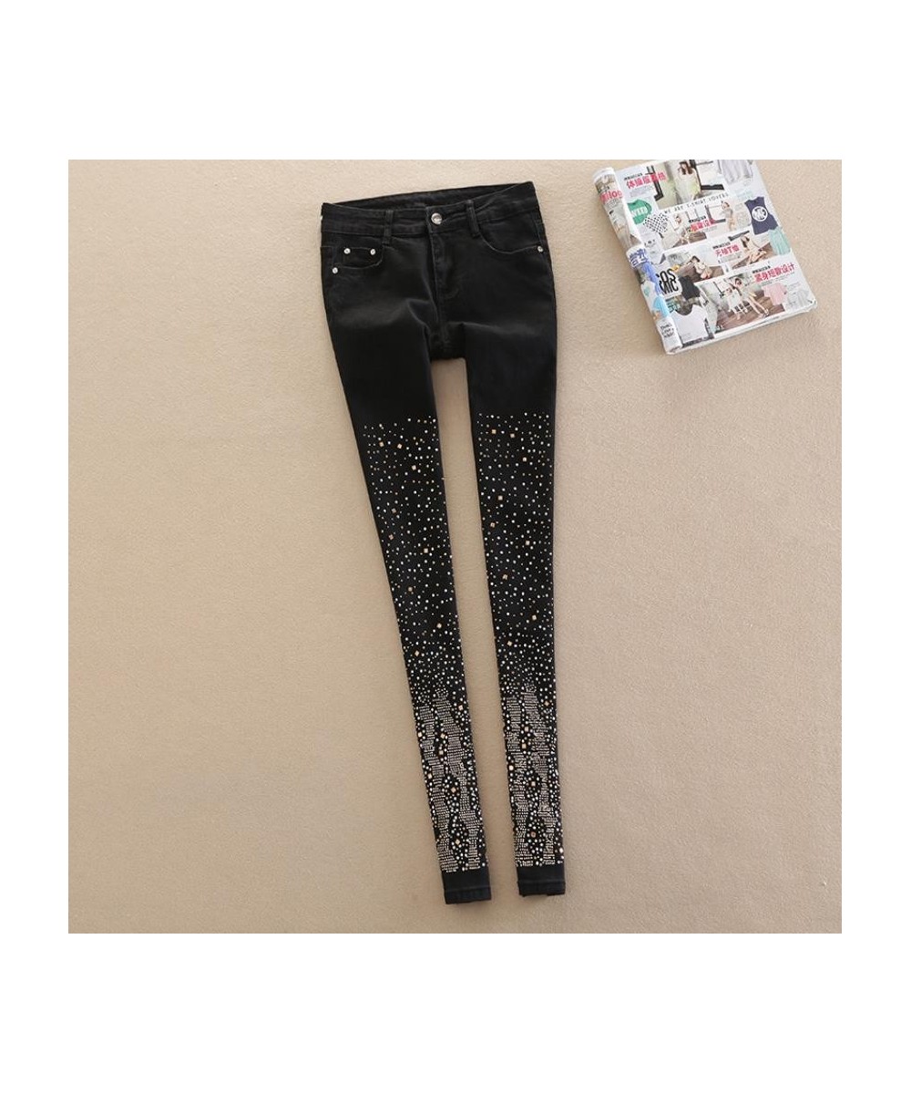 wholesale Fashion Manually worn hole diamond beading jeans female street style diamond pencil jeans wq2195 $44.77 - Jeans