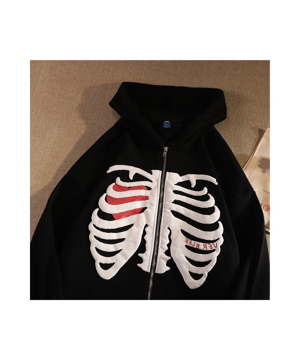 Y2K Harajuku Korean Style Loose Skeleton Zip Up Hoodie Goth Grunge Long-Sleeved Hooded Jacket Retro Black Oversized Sweatshir...