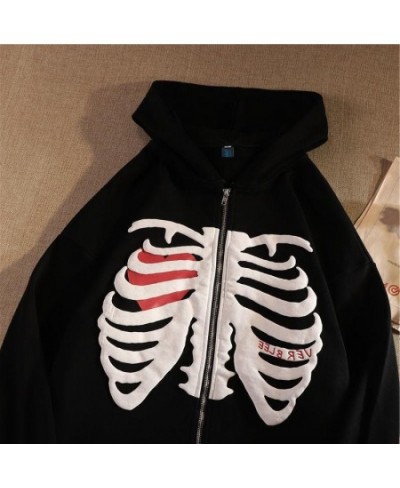 Y2K Harajuku Korean Style Loose Skeleton Zip Up Hoodie Goth Grunge Long-Sleeved Hooded Jacket Retro Black Oversized Sweatshir...