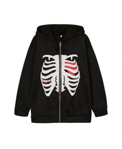 Y2K Harajuku Korean Style Loose Skeleton Zip Up Hoodie Goth Grunge Long-Sleeved Hooded Jacket Retro Black Oversized Sweatshir...