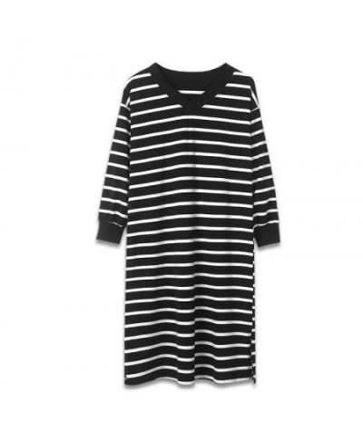 Women Long Sleeve Nightgowns Simple Striped Sleepshirts Baggy Spring Autumn Over Knees Korean Lounge Wear V-neck Nightdress I...