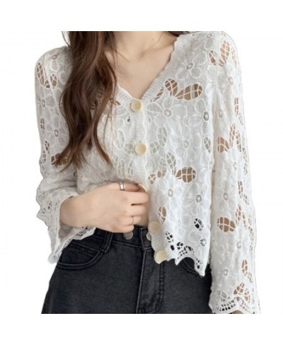 Women Crochet Short/Long Sleeve Cardigan Hollow Knitted Floral Buttons V-Neck Sweater Coat Scalloped Loose Crop Jacket $24.12...