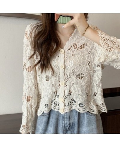 Women Crochet Short/Long Sleeve Cardigan Hollow Knitted Floral Buttons V-Neck Sweater Coat Scalloped Loose Crop Jacket $24.12...