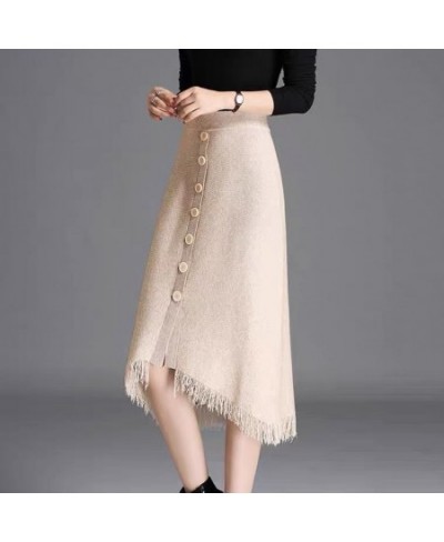 Women 2023 Autumn Winter Fashion Mid-Long Knitted Skirt Female New Irregular Button Skirts Ladies Slim Packsge Hip Skirts V53...