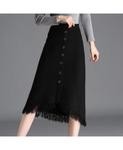 Women 2023 Autumn Winter Fashion Mid-Long Knitted Skirt Female New Irregular Button Skirts Ladies Slim Packsge Hip Skirts V53...