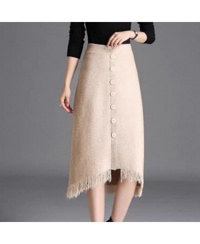 Women 2023 Autumn Winter Fashion Mid-Long Knitted Skirt Female New Irregular Button Skirts Ladies Slim Packsge Hip Skirts V53...