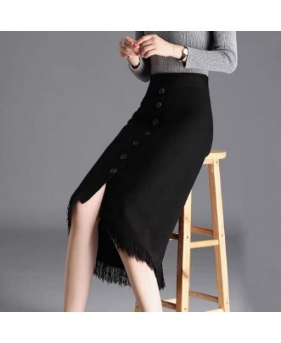 Women 2023 Autumn Winter Fashion Mid-Long Knitted Skirt Female New Irregular Button Skirts Ladies Slim Packsge Hip Skirts V53...