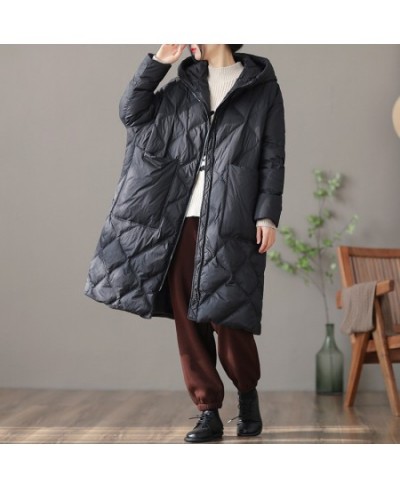 Women White Duck Down Jacket 2022 New Autumn Winter Outwear Vintage Over Size Long Coat with Hood Big Pockets $101.36 - Jacke...